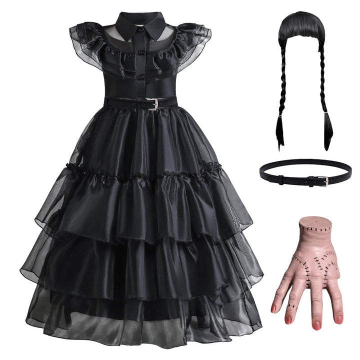 Halloween's Black Layered Cake Gown for Girls with Mesh Details