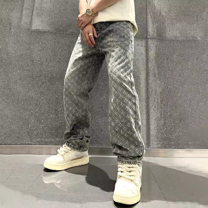 Men's Textured Jacquard Straight Leg Denim Jeans-MODAUTLET