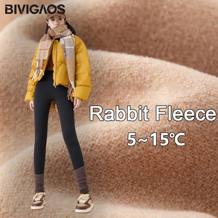 Women's High Waist Fleece Shark Skin Leggings - Cozy & Slimming Fit Rabbit wool - Black