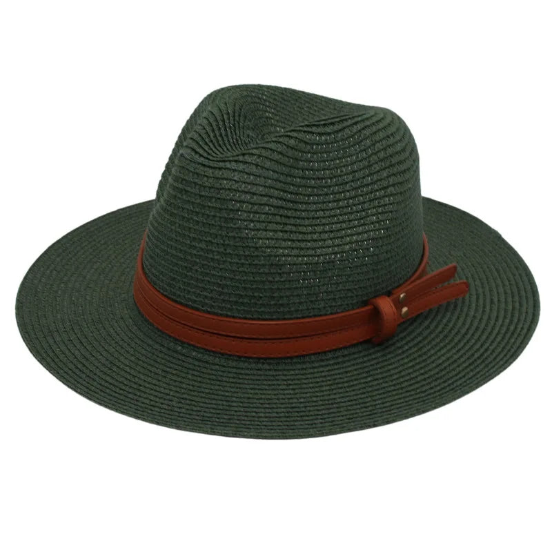 Breathable Straw Panama Sun Hat With Wide Brim Protection Dark green