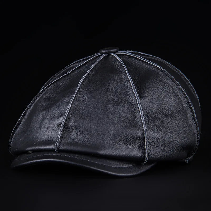 Authentic Cowhide Leather Octagonal Cap – Warm & Adjustable for Men Black