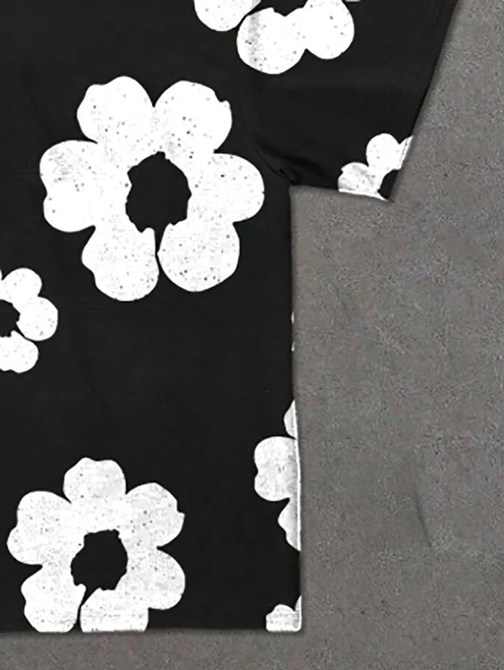Conjunto de pantalones cortos de verano para hombre con estampado floral en blanco y negro