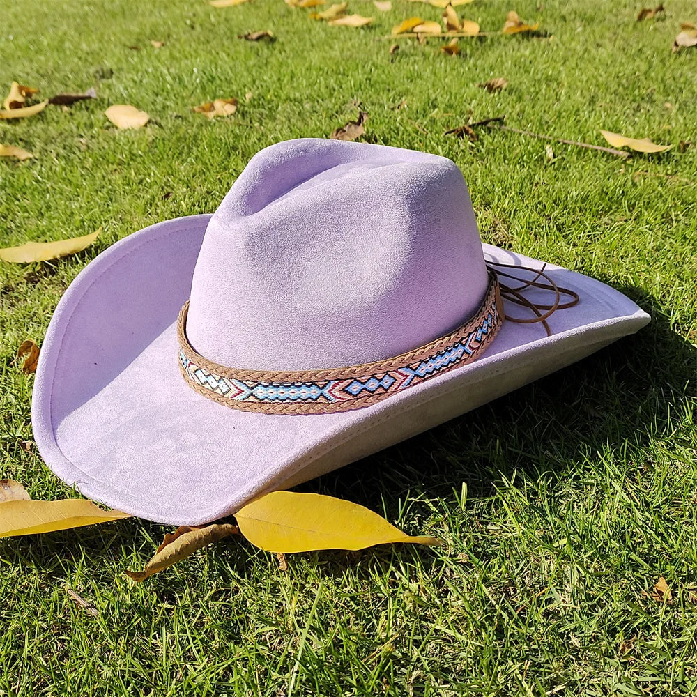 Adjustable Suede Wide-Brim Cowboy Fedora Hat-MODAUTLET