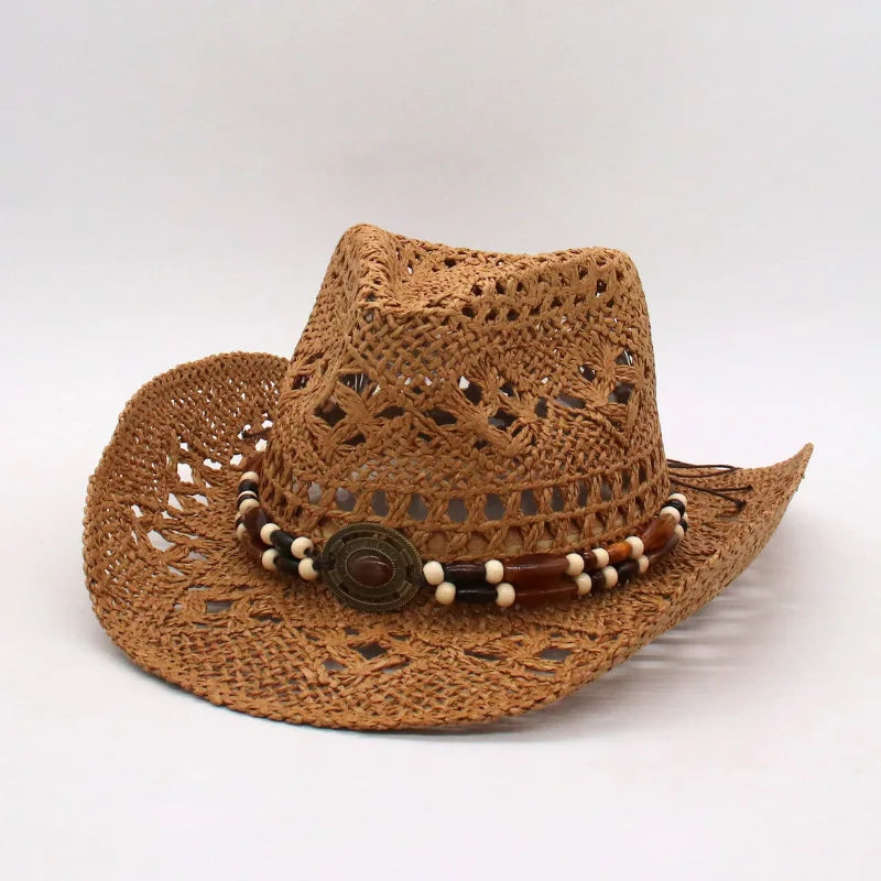 Bohemian Straw Cowboy Hat with Wooden Beads – Perfect for Sun Protection khaki 6 M (56-58cm)