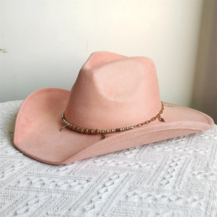 Adjustable Suede Wide-Brim Cowboy Fedora Hat-MODAUTLET