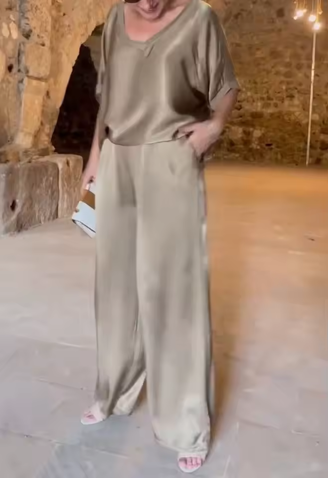 Summer Short-sleeved T-shirt Two-piece Set For Women Khaki