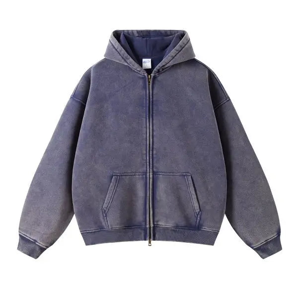 Luxury Batik‑Wash Full‑Zip Street Hoodie Navy