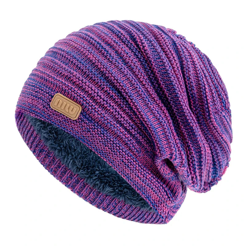 Unisex Striped Slouchy Winter Hat Purple 56cm-60cm