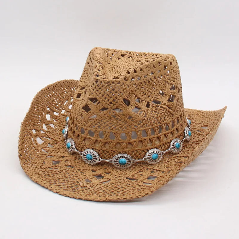 Bohemian Straw Cowboy Hat with Wooden Beads – Perfect for Sun Protection khaki 5 M (56-58cm)