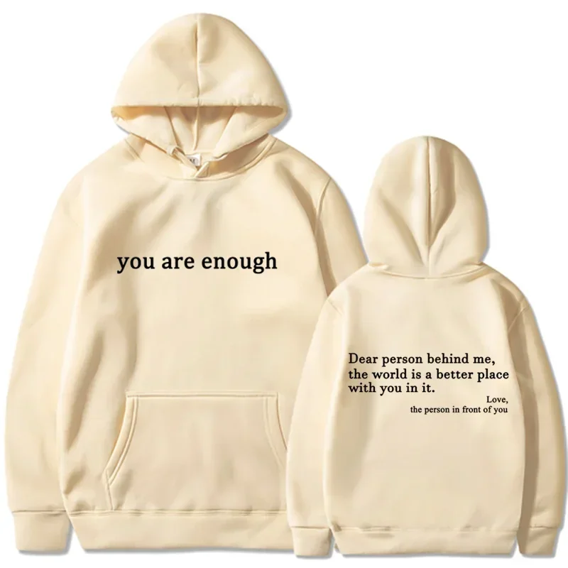 Trendy Unisex "You Are Enough" Retro Hoodie for Men and Women khaki