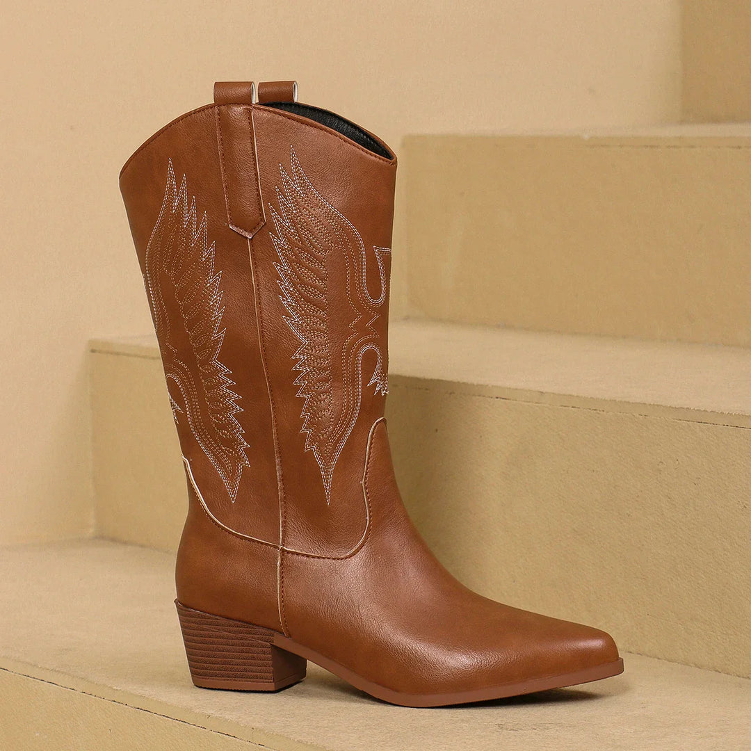 Fashion Pointy Toe Embroidered Mid-Calf Western Boots-MODAUTLET