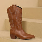 Fashion Pointy Toe Embroidered Mid-Calf Western Boots Brown