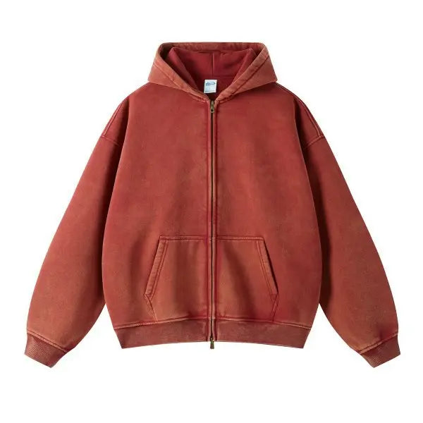 Luxury Batik‑Wash Full‑Zip Street Hoodie Wine Red