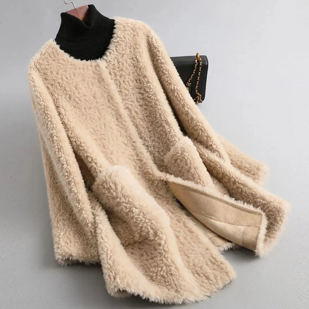 Shearling Fur Coat for Women Khaki Beige