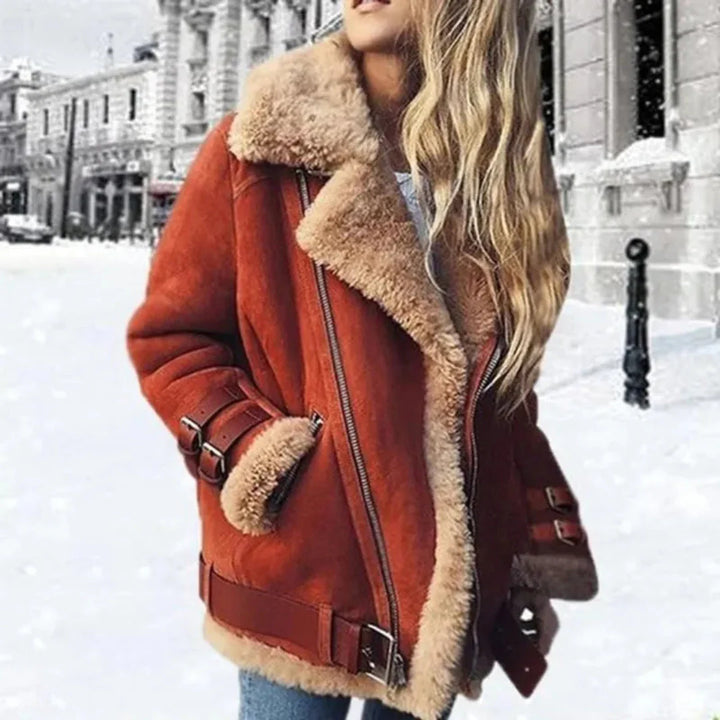 Shearling-Lined Suede Aviator Jacket for Women Orange