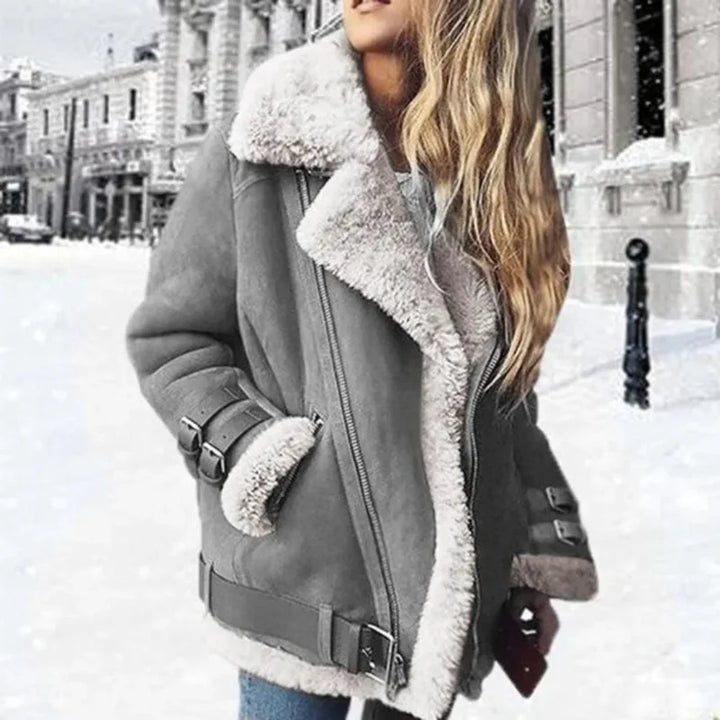 Shearling-Lined Suede Aviator Jacket for Women Gray