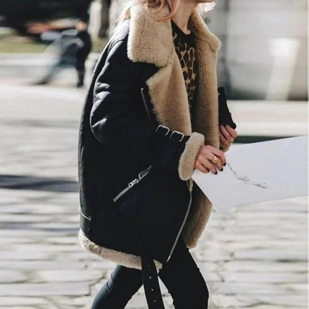 Shearling-Lined Suede Aviator Jacket for Women Black