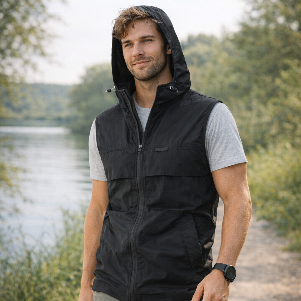 Chaleco cortavientos ligero con capucha para hombre, para pesca y senderismo
