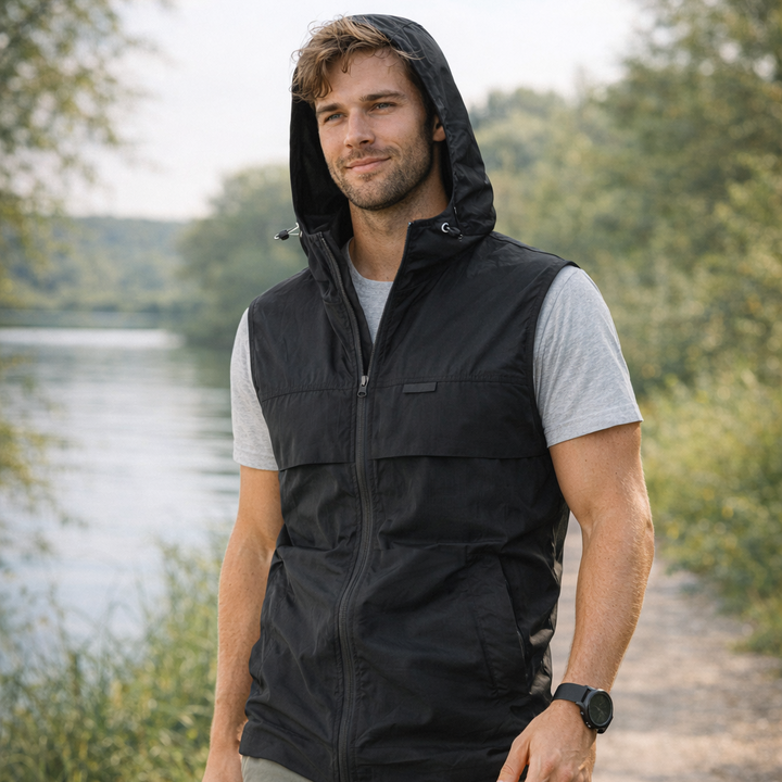 Chaleco cortavientos ligero con capucha para hombre, para pesca y senderismo