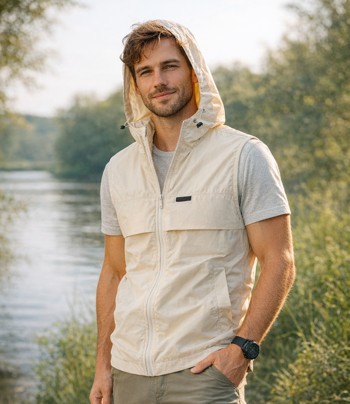 Chaleco cortavientos ligero con capucha para hombre, para pesca y senderismo