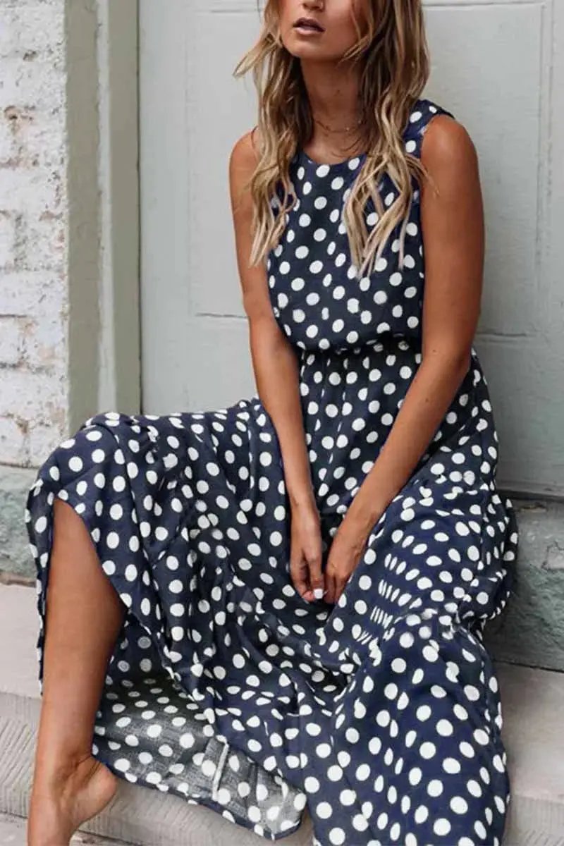 Women's Sleeveless Polka Dot Maxi Dress – Chic & Comfortable Style Navy Blue