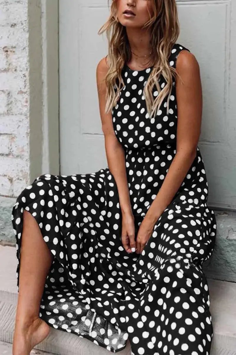 Women's Sleeveless Polka Dot Maxi Dress – Chic & Comfortable Style Black
