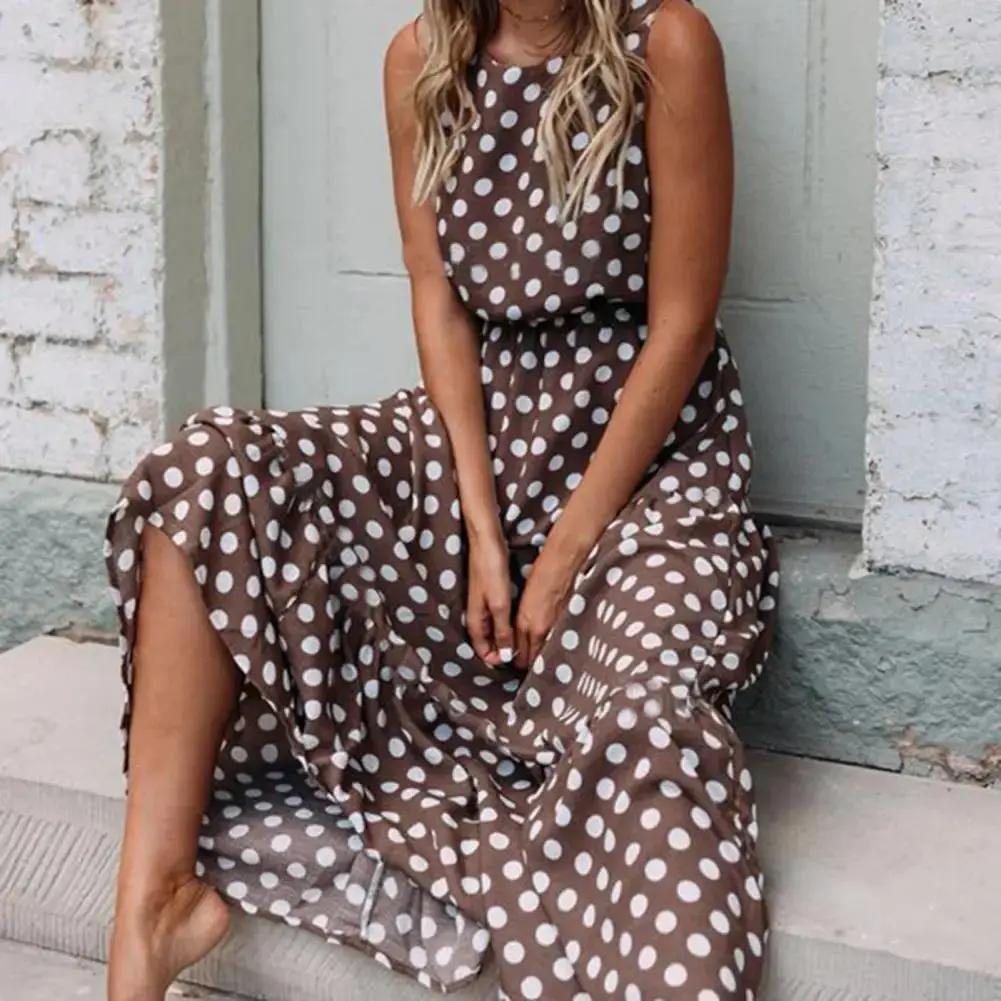 Women's Sleeveless Polka Dot Maxi Dress – Chic & Comfortable Style Coffee