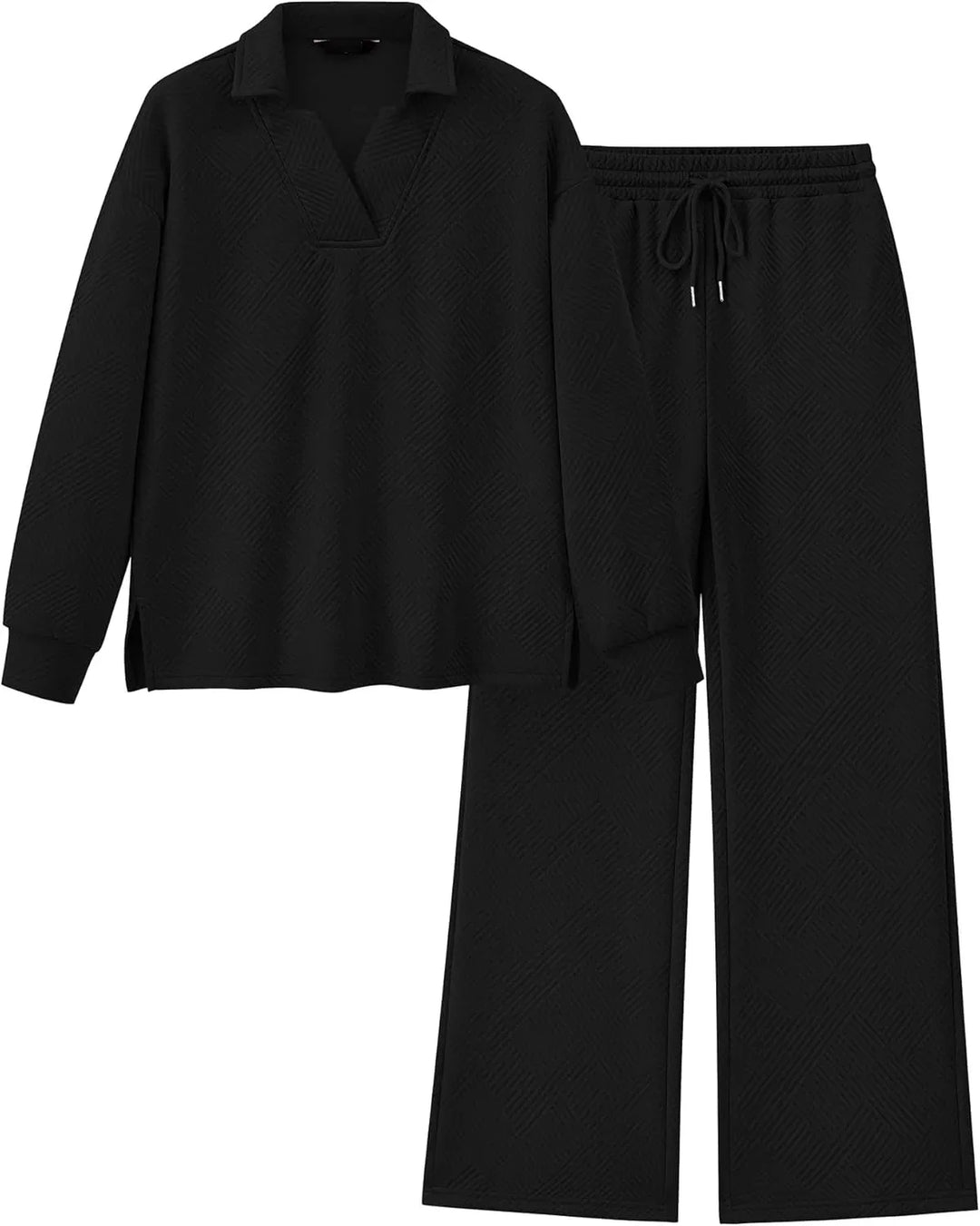 Mireya Textured V‑Neck Lounge Two‑Piece Set-MODAUTLET