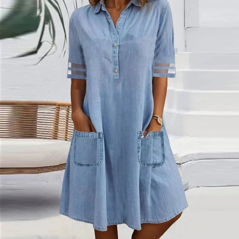 Vestito corto in denim da donna con tasche laterali