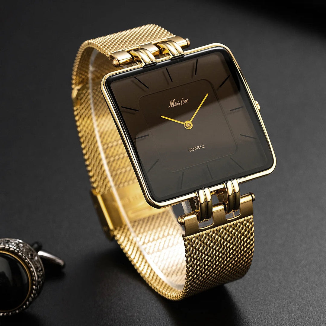 Square Case Mesh Band Wrist Watch for Women – Minimalist & Stylish Design Black