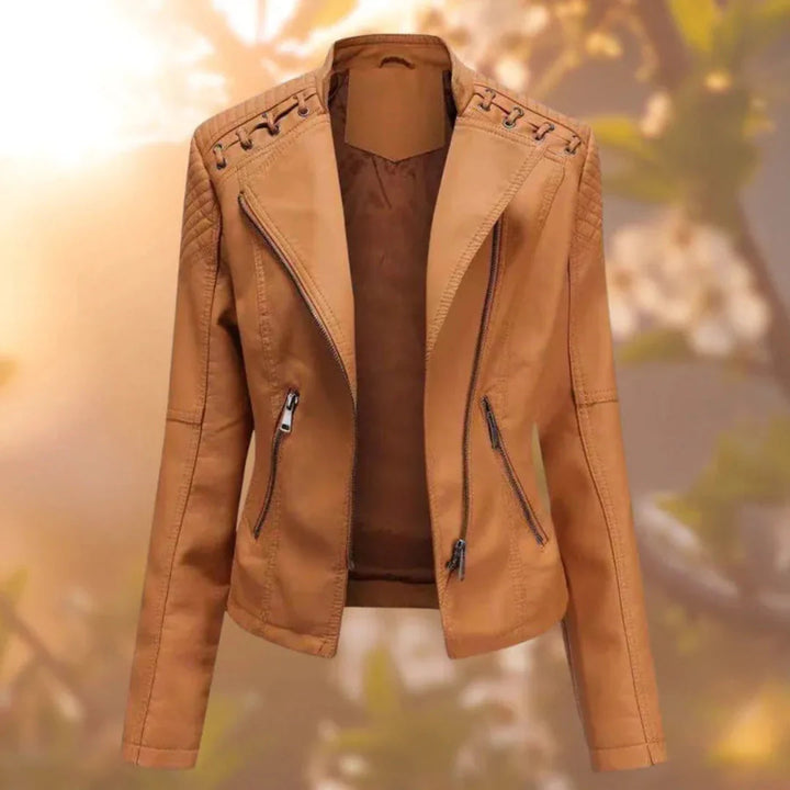 Stitch-Up Shoulder Faux Leather Jacket Orange