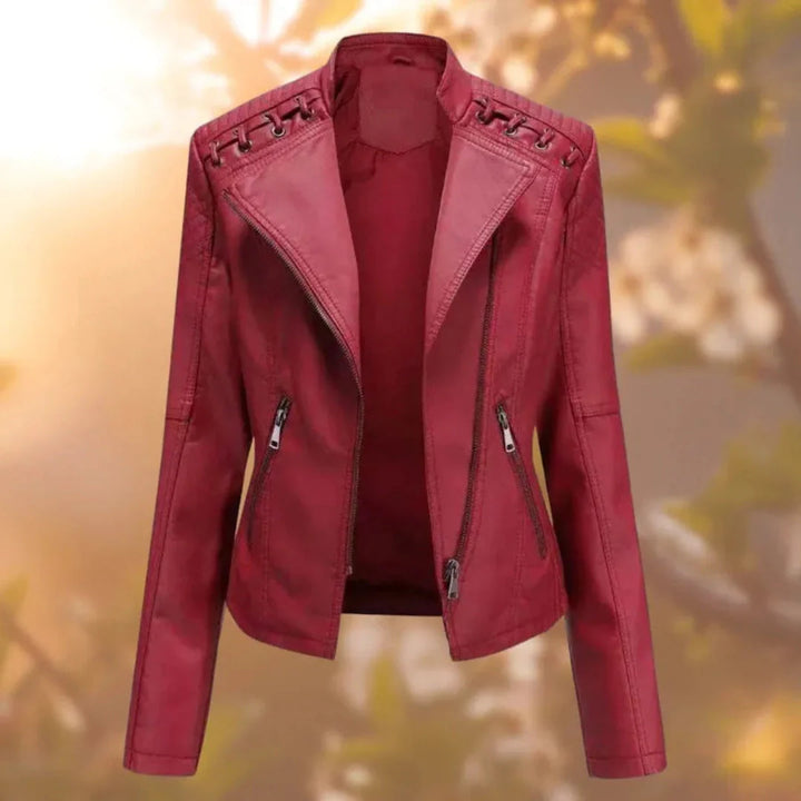 Stitch-Up Shoulder Faux Leather Jacket Dark Red