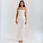 Women's Elegant Strapless Maxi Corset Dress - Flowing Design White