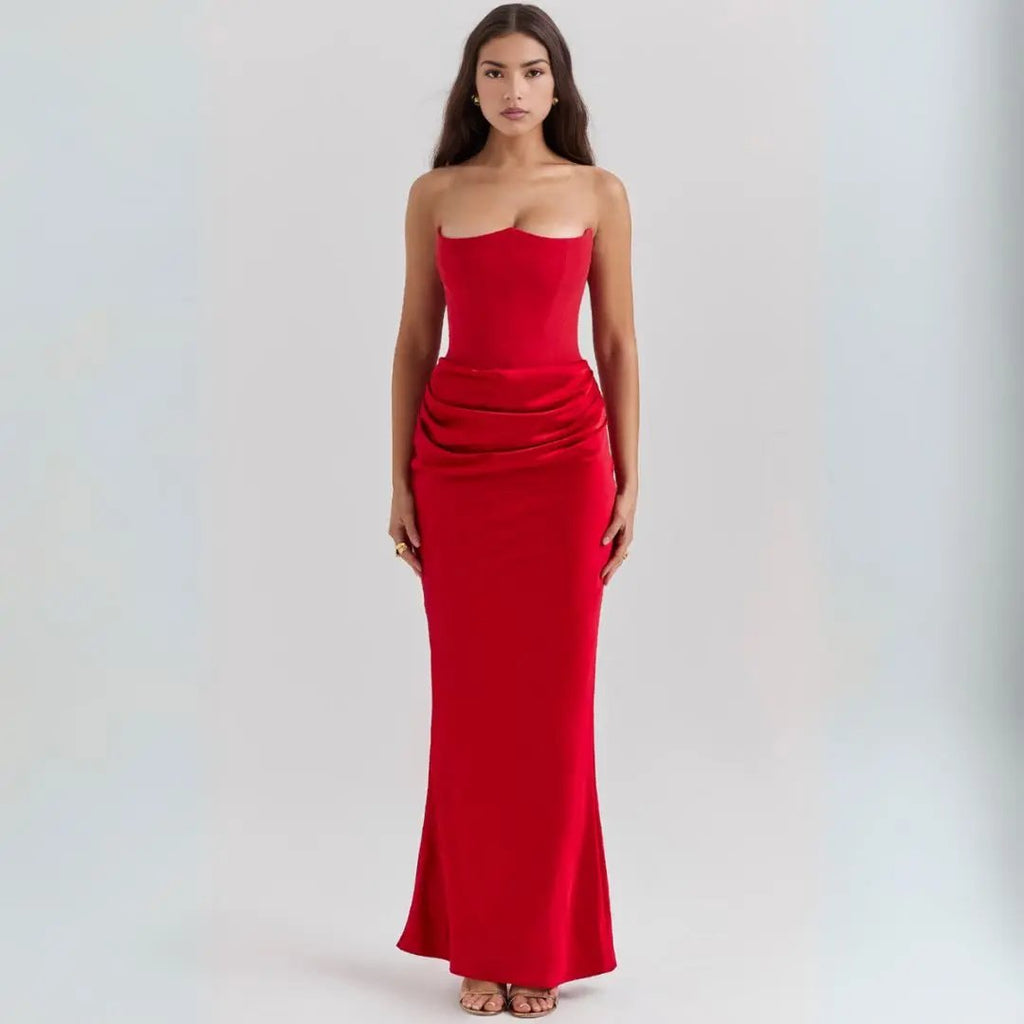 Women's Elegant Strapless Maxi Corset Dress - Flowing Design Red
