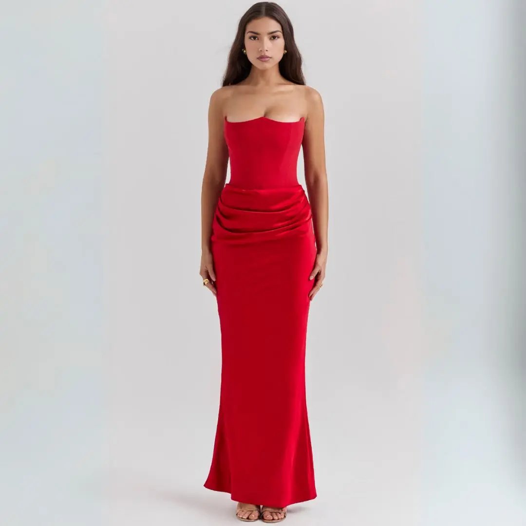 Women's Elegant Strapless Maxi Corset Dress – Flowing Design Red