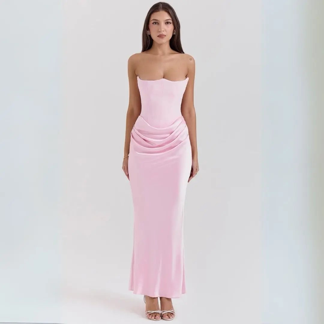 Women's Elegant Strapless Maxi Corset Dress – Flowing Design Pink