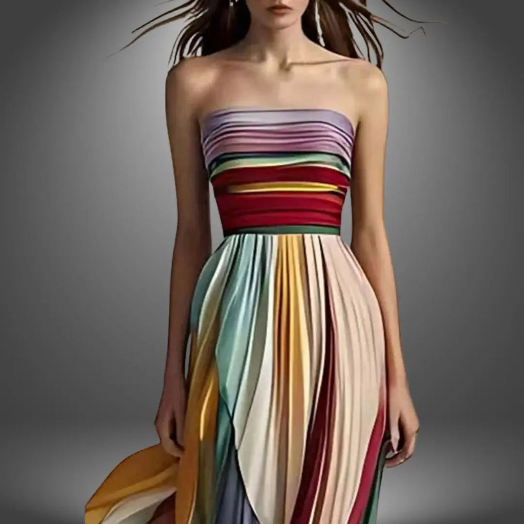 Women's Strapless Pleated Maxi Dress – Elegant & Bold Style