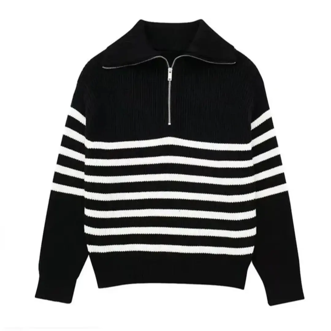 Striped Nordic Zip-Up Sweater Black Striped