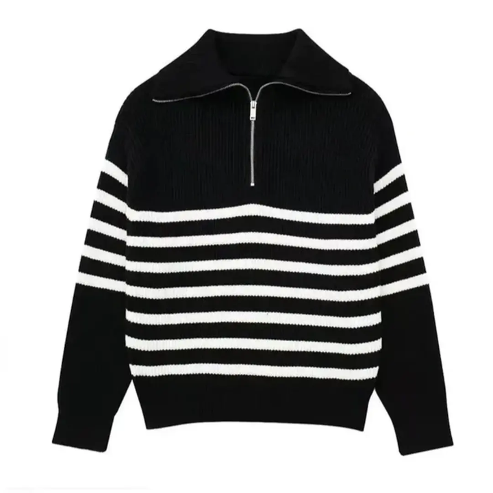 Striped Nordic Zip-Up Sweater Black Striped