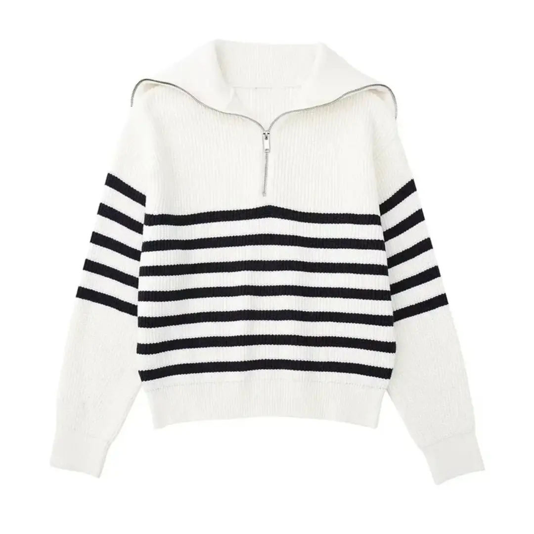 Striped Nordic Zip-Up Sweater White Striped