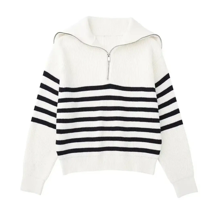 Striped Nordic Zip-Up Sweater White Striped