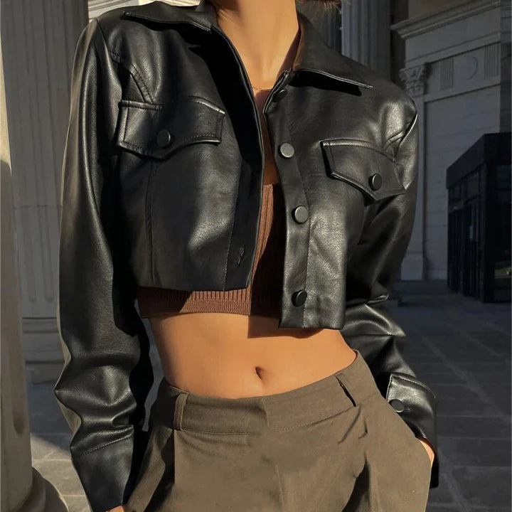 Stylish Faux Leather Cropped Jacket Black