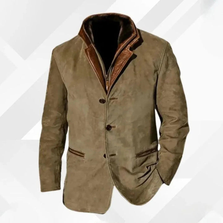 Suede Blazer Jacket with Leather-Trimmed Collar Khaki