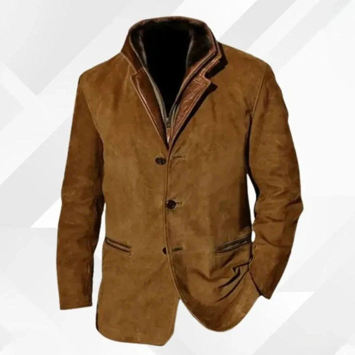 Suede Blazer Jacket with Leather-Trimmed Collar Brown