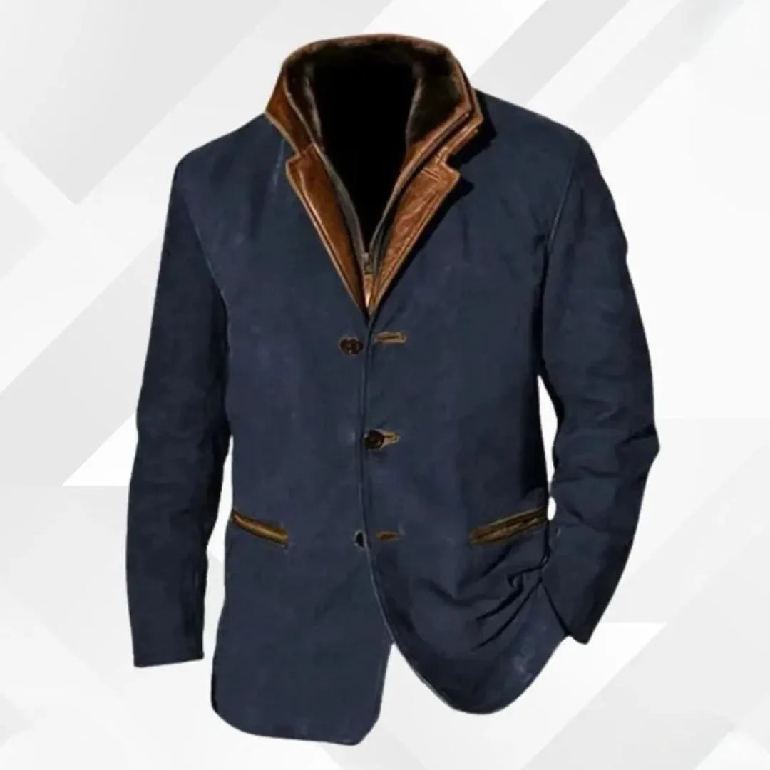 Suede Blazer Jacket with Leather-Trimmed Collar Blue