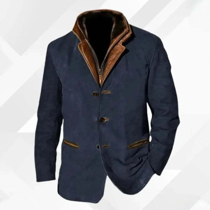 Suede Blazer Jacket with Leather-Trimmed Collar Blue