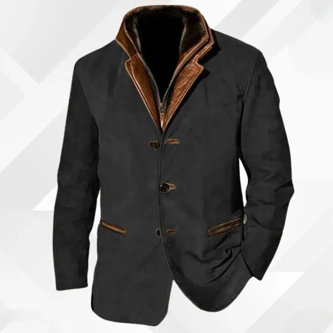 Suede Blazer Jacket with Leather-Trimmed Collar Black