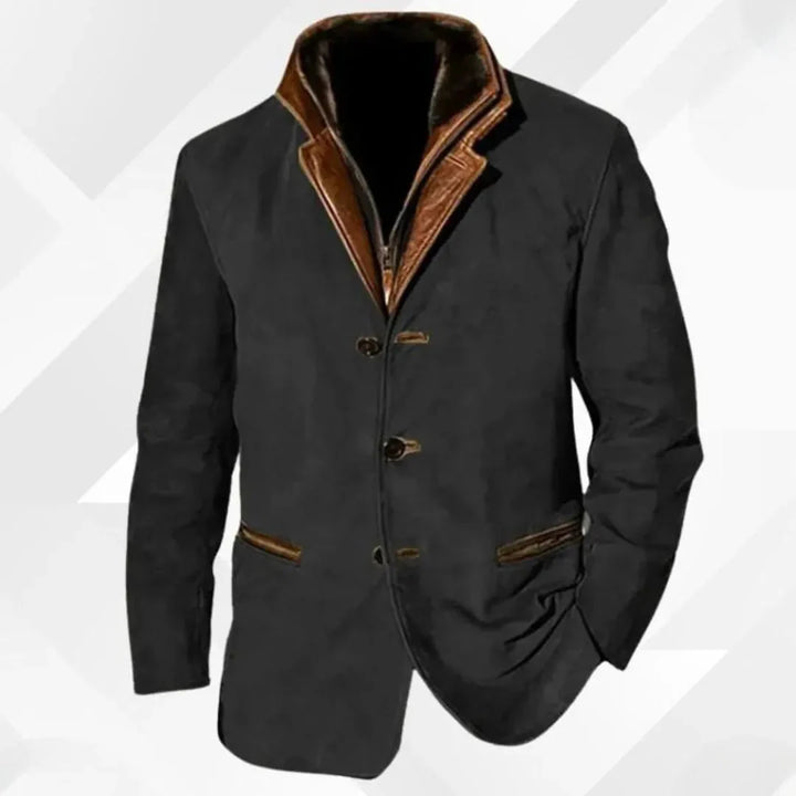 Suede Blazer Jacket with Leather-Trimmed Collar Black