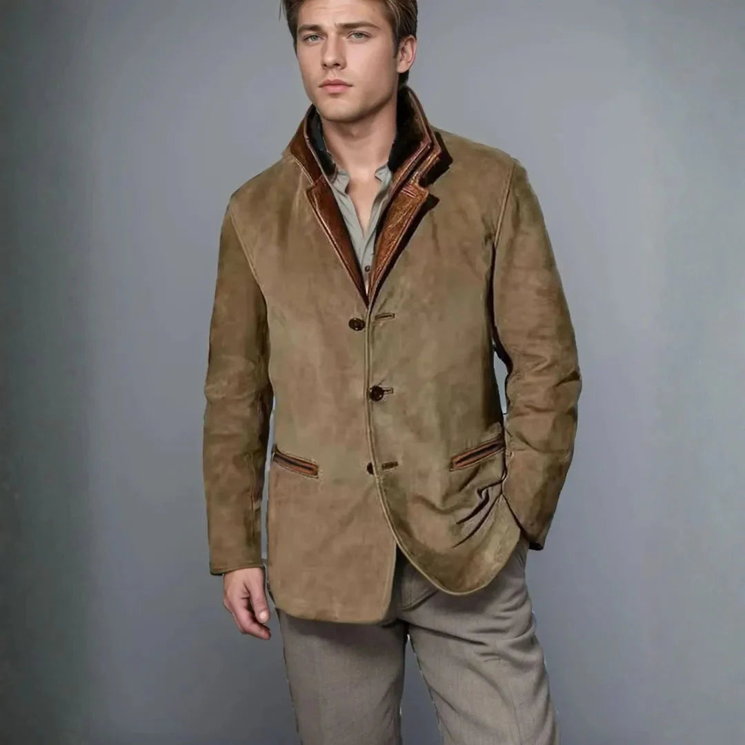 Suede Blazer Jacket with Leather-Trimmed Collar