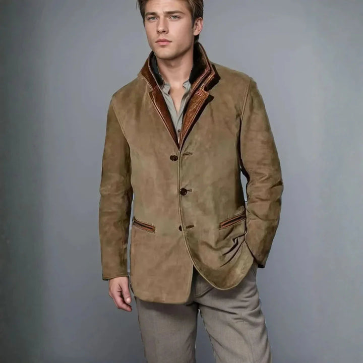 Suede Blazer Jacket with Leather-Trimmed Collar